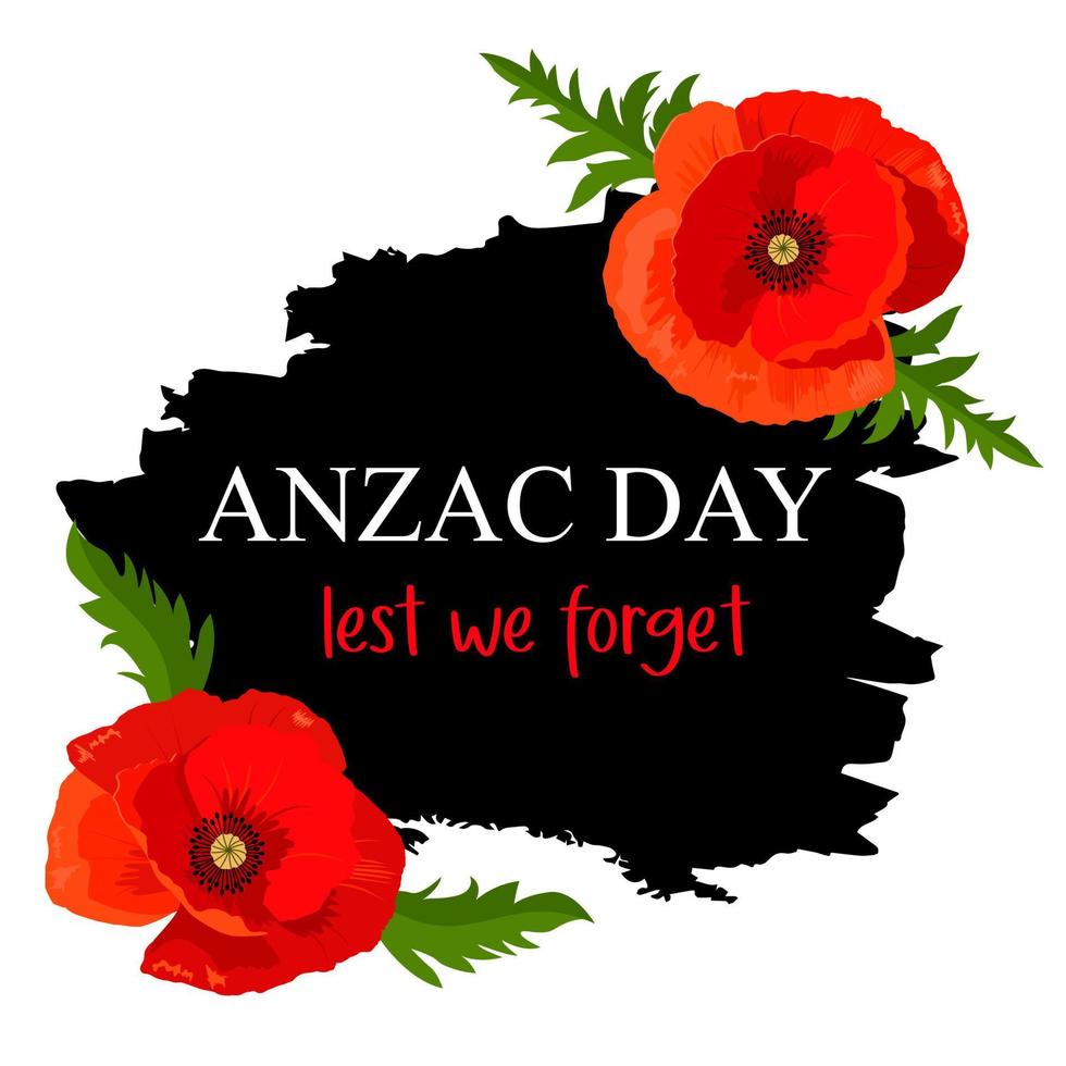 Vector illustration for Anzac Day. Poppy flowers and the inscription Lest we forget on Anzac Memorial Day. Isolated on White Background.