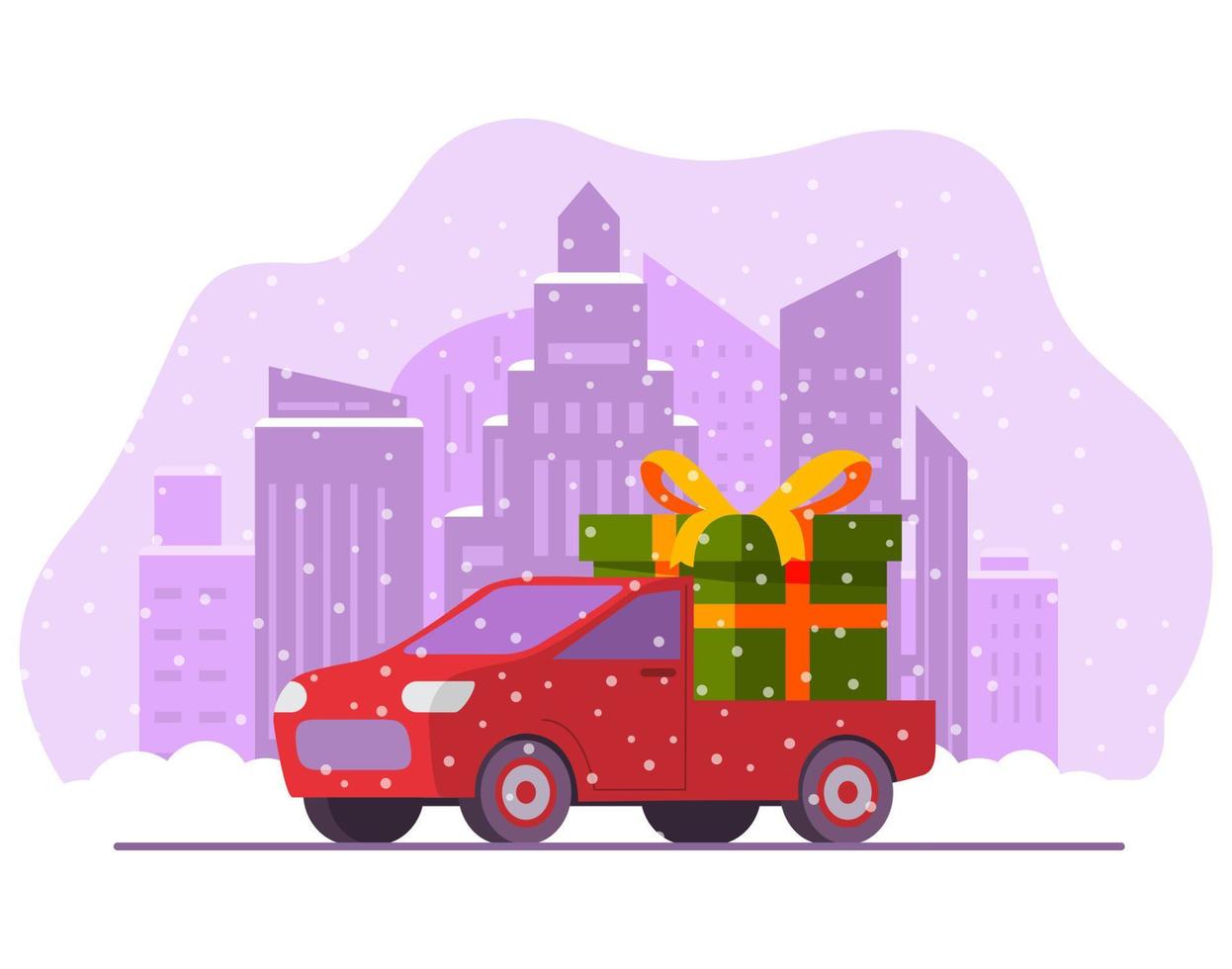 Christmas delivery red truck with green gift box.Happy New Year postcard.Festive Christmas banner.Vector flat illustration.Vehicle side view. Wintercity with falling snow. vector