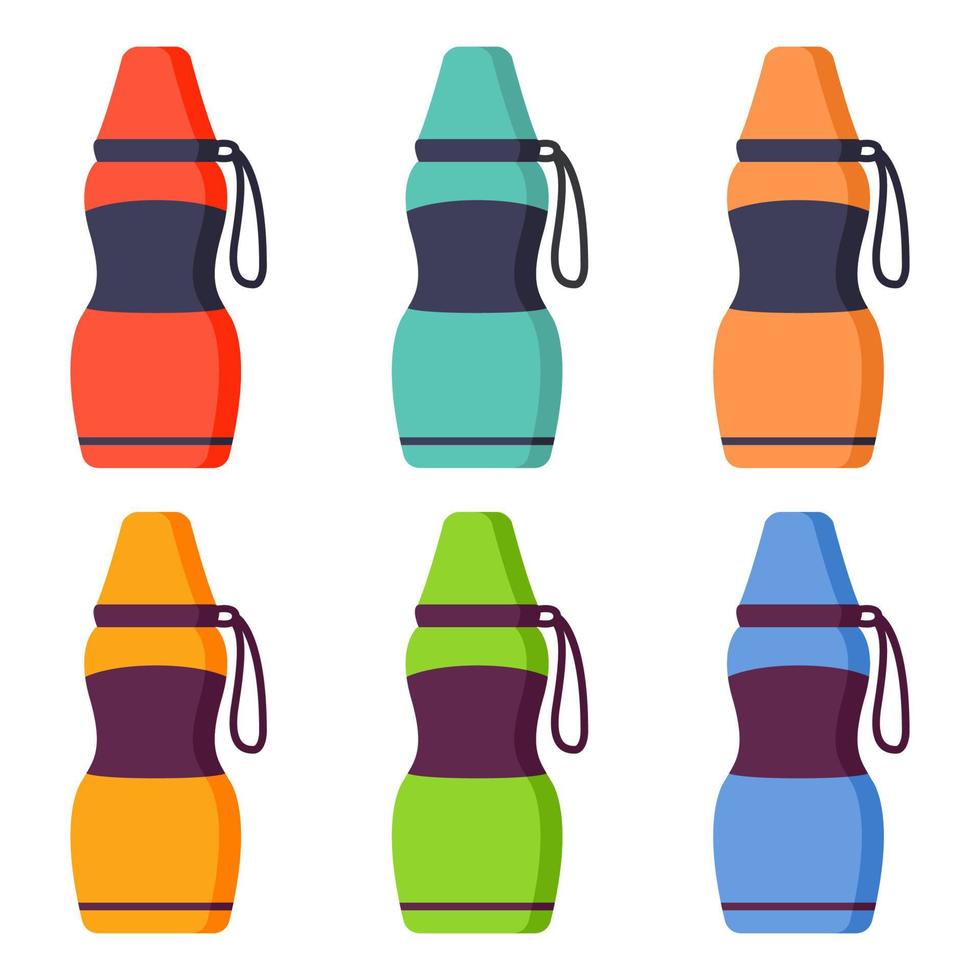 A set of thermoses.Thermos drink container.Flask or bottle with hot drink. Isolated on a white background.Sport water bottle.Storage vessel with water for travel. vector
