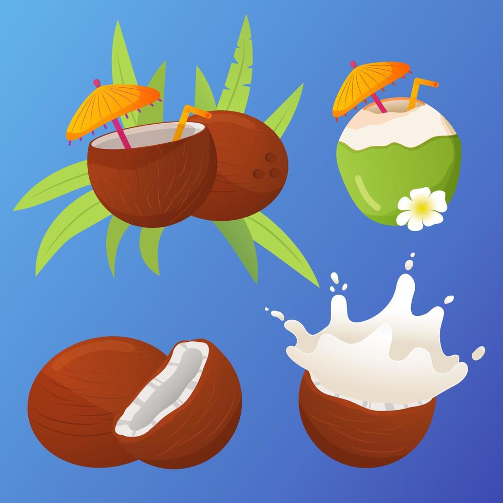 cóctel de playa coco con hoja de palma. concepto tropical de verano de una pancarta. coco con salpicaduras de leche. aislado sobre fondo azul.nuez de rebanada de mango.fruta tropical fresca.paraguas y una paja.vector realista. vector