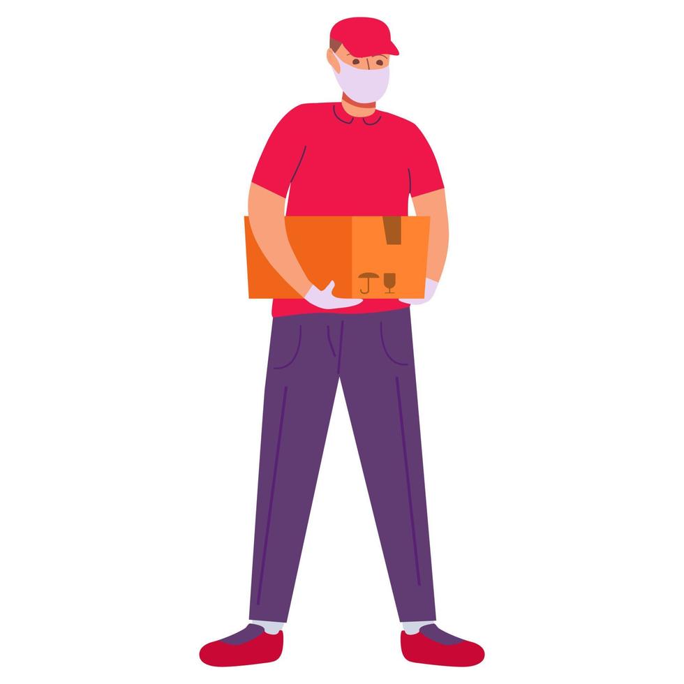 Courier in protective medical face mask.Delivery during the COVID-19 coronavirus pandemic.Cartoon character delivery guy. Isolated vector flat illustration.