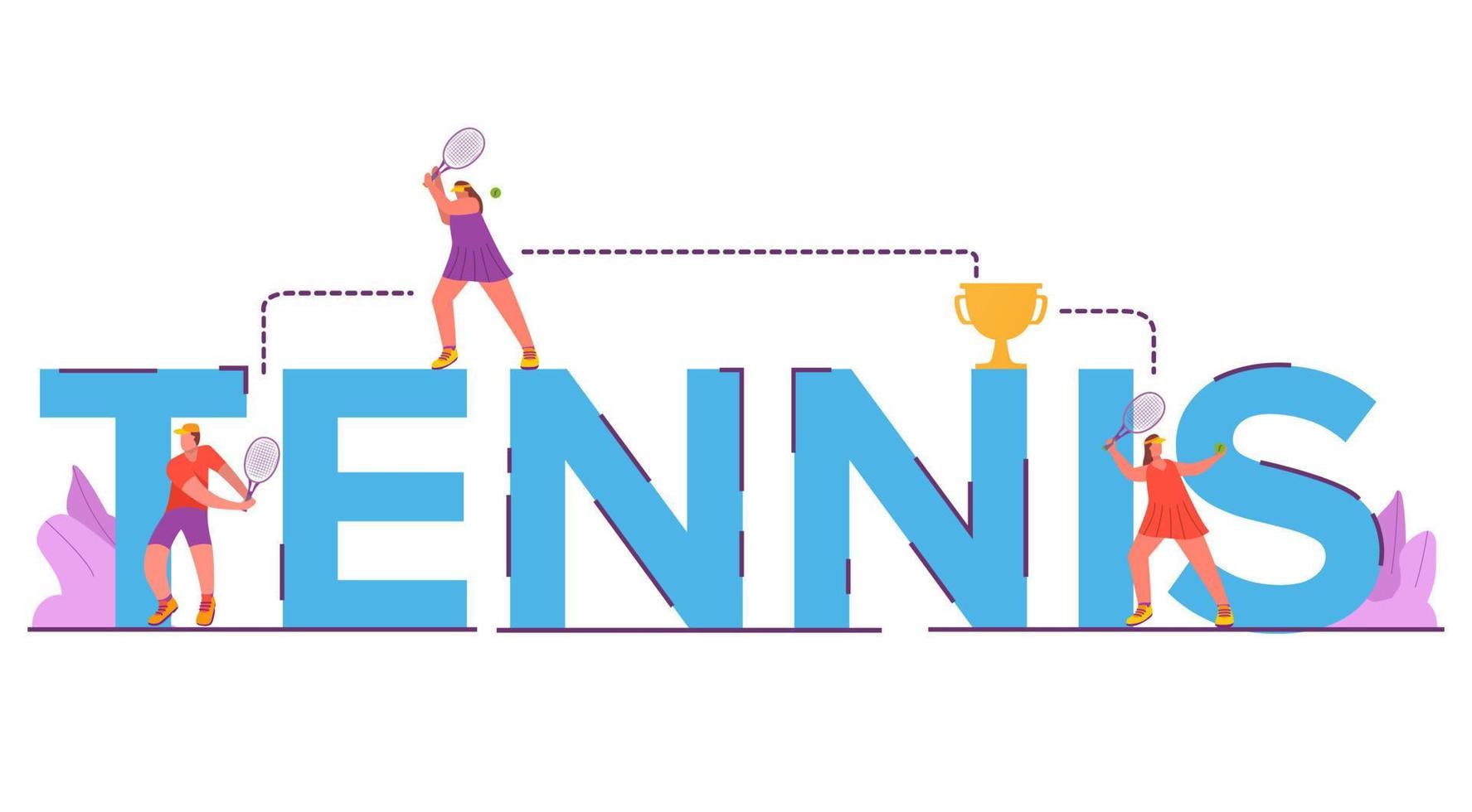 Tennis tournament banner.Sports training.Tennis camp, academy. Young guy playing outside.Vector illustration.Championship poster or label.Woman tennis player with a racket. vector