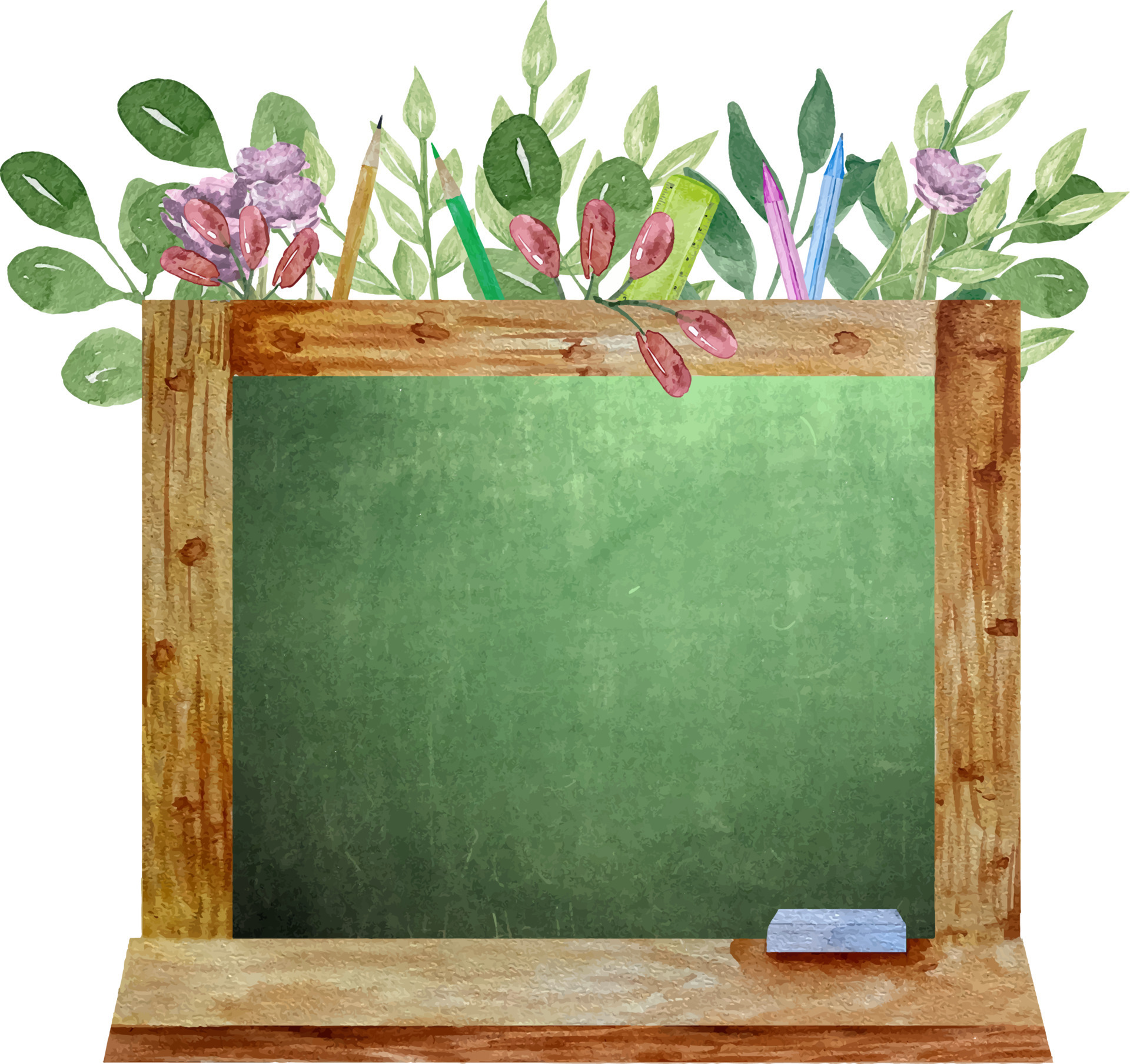 Watercolor Green School Blackboard In Wooden Frame With Flowers And watercolor-green-school-blackboard-in-wooden-frame-with-flowers-and