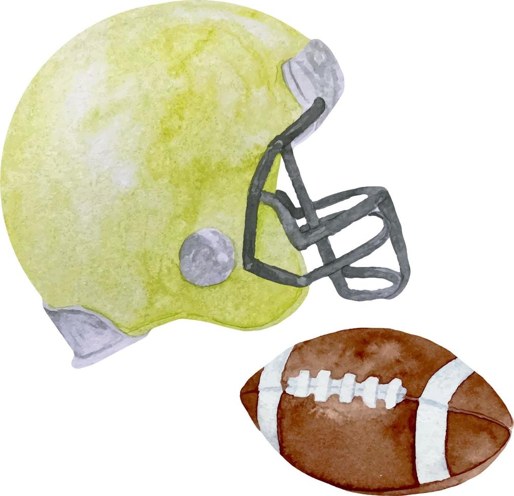 Watercolor yellow american football helmet and ball illustration isolated on white background vector