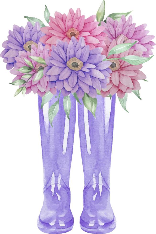 Watercolor purple wellies with gerbera flowers. Hello autumn greeting card. Floral garden rubber boots with flowers and leaves illustration. vector