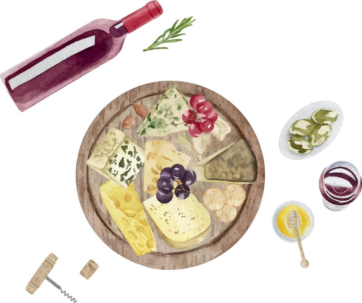 Watercolor cheese board for logo. Gourmet composition natural cheese. Cheese assortment with nuts, wine, honey. Italian, dutch, french or swiss cuisine with cheese plate composition. vector