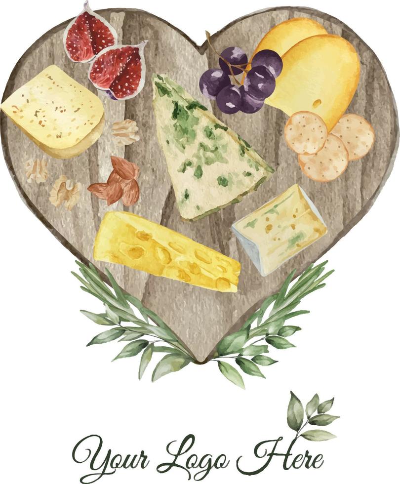 Watercolor cheese board for logo. Gourmet composition natural cheese. Cheese assortment with nuts, wine, honey. Italian, dutch, french or swiss cuisine with cheese plate composition. vector