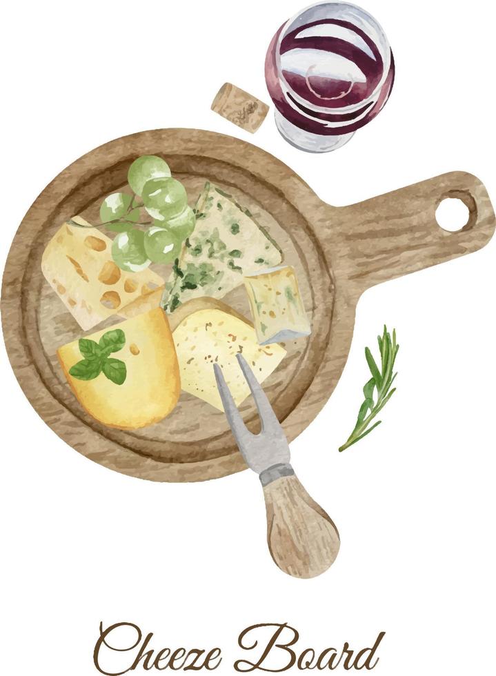 tabla de quesos acuarela para logo. composición gourmet queso natural. surtido de quesos con nueces, vino, miel. cocina italiana, holandesa, francesa o suiza con composición de plato de queso. vector