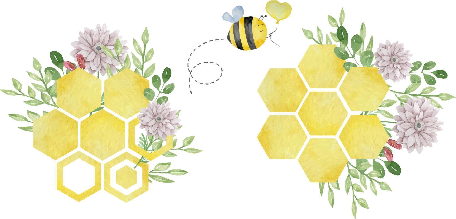 peines de abejas grandes de colores acuarela con flores y hojas aisladas sobre fondo blanco. vector