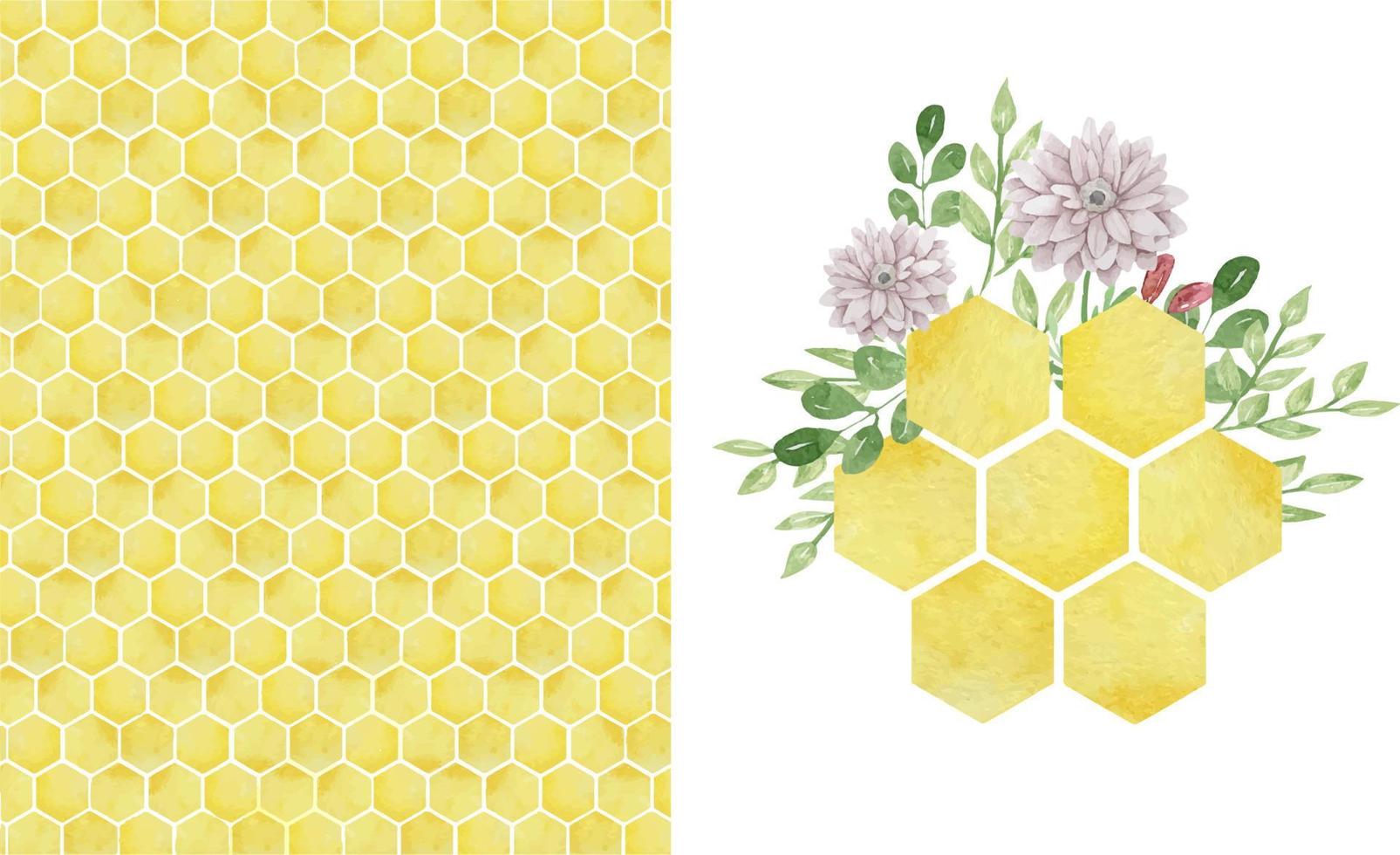 Watercolor colorful big bees combs with flowers and leaves and a vector