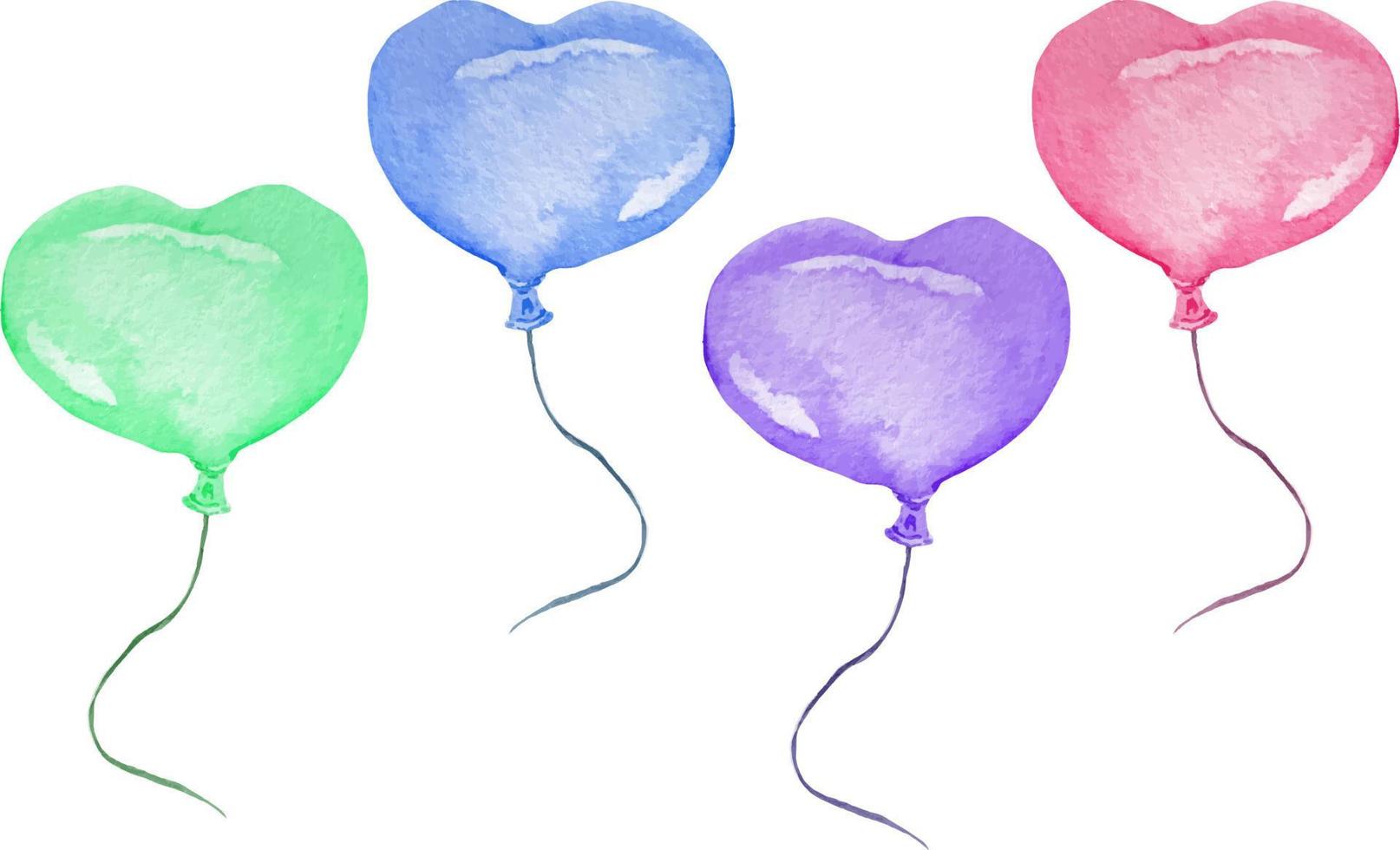 Cute watercolor bright pink, purple, green and blue air balloons in heart shape with black waving twine. vector