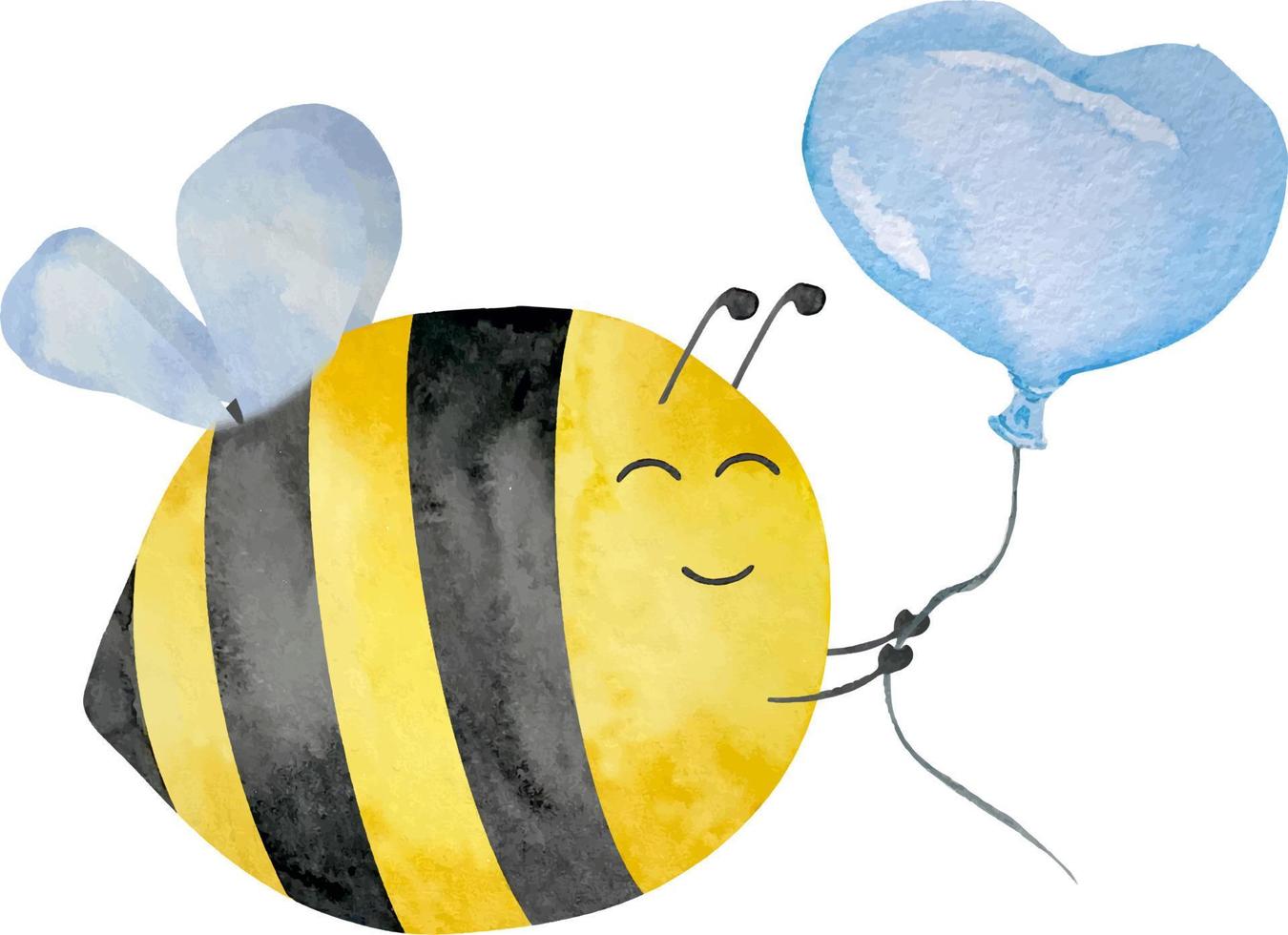 abeja linda acuarela con globo azul en forma de corazón, miel, tema de verano. diseño de miel para bebé. vector