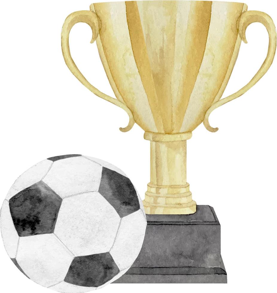 Copa de premio deportivo amarillo dorado dibujada a mano con balón de fútbol para el ganador, primer lugar, victoria aislada en blanco. vector