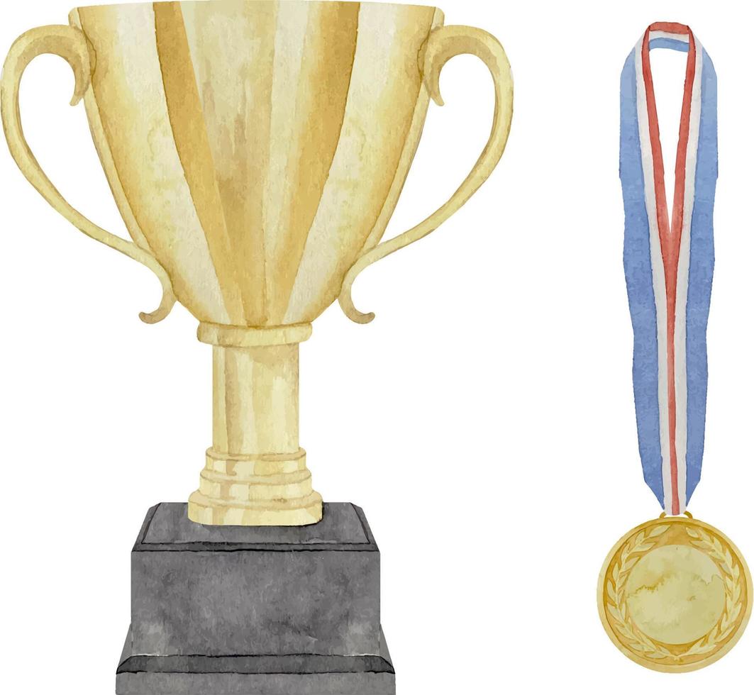 Watercolor hand drawn golden yellow sport prize cup and medal fo vector