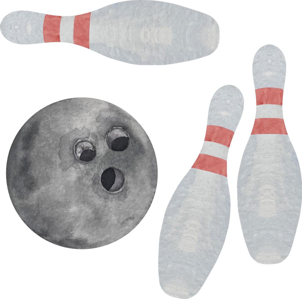 Watercolor bowling black ball and pins illustration isolated on white background vector