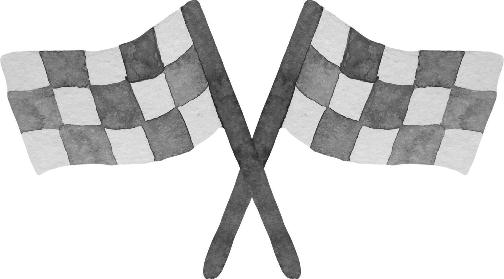 Two watercolor racing checkered flags with crossed sticks. Symbol of competition, riding, finish line. vector