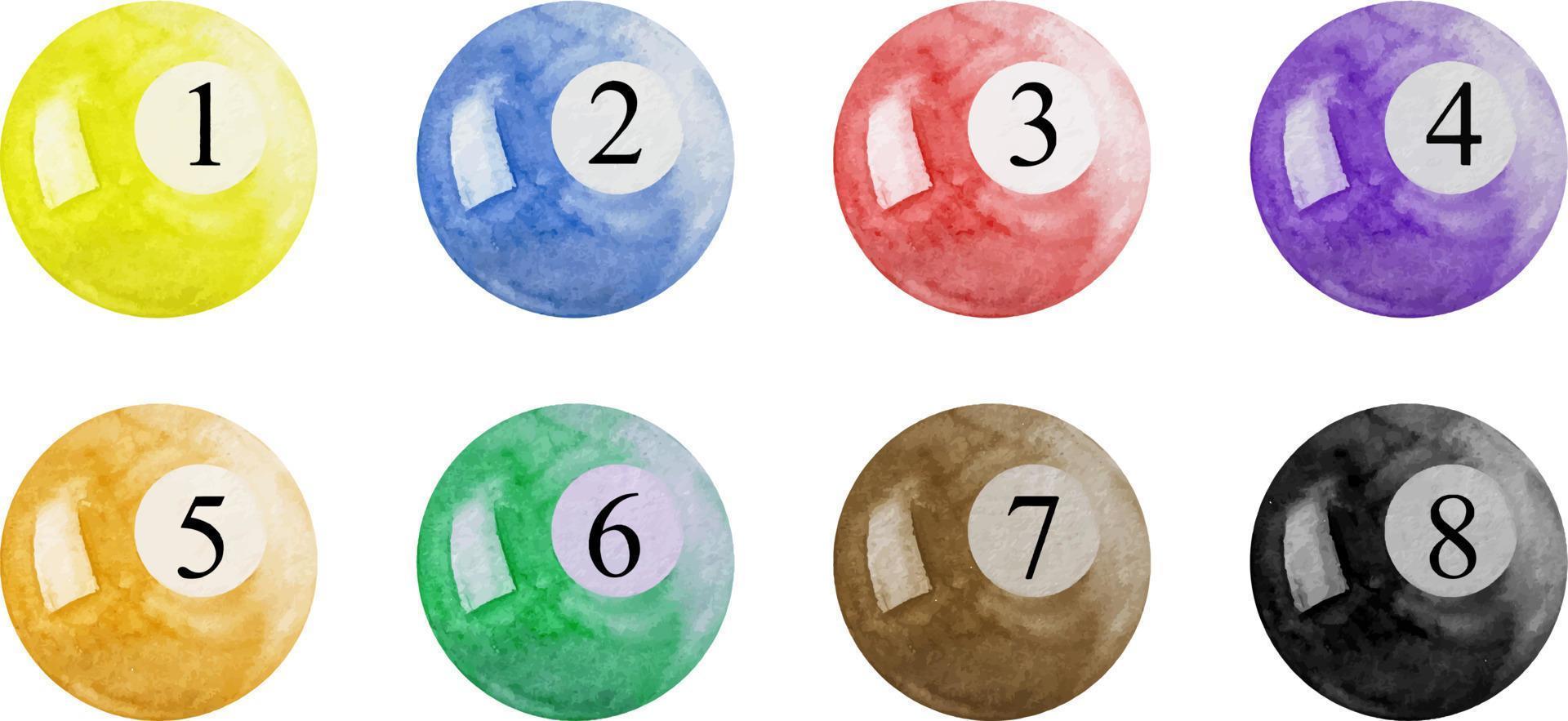 Watercolor colored Pool Balls. billiard balls numbers 1 to 8 vector