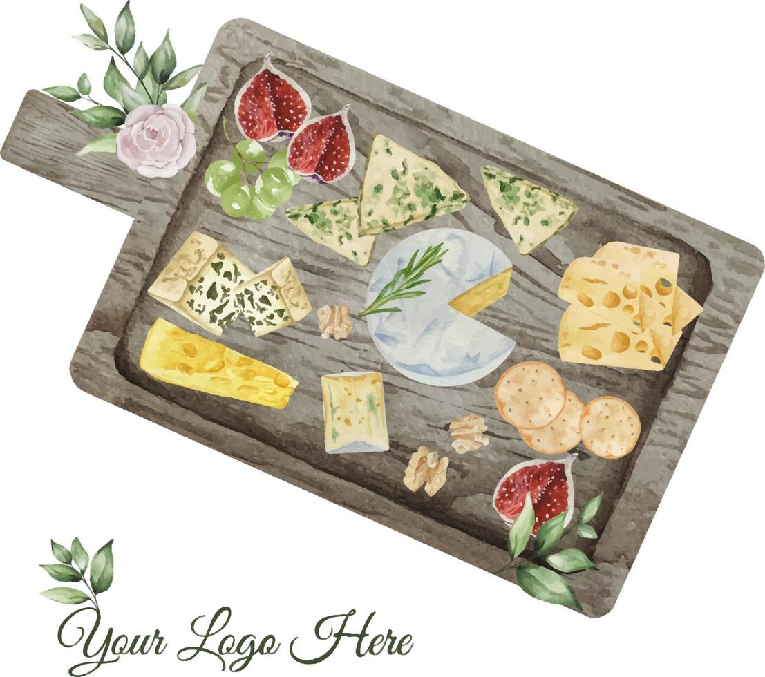 Watercolor cheese board for logo. Gourmet composition natural cheese. Cheese assortment with nuts, wine, honey. Italian, dutch, french or swiss cuisine with cheese plate composition. vector