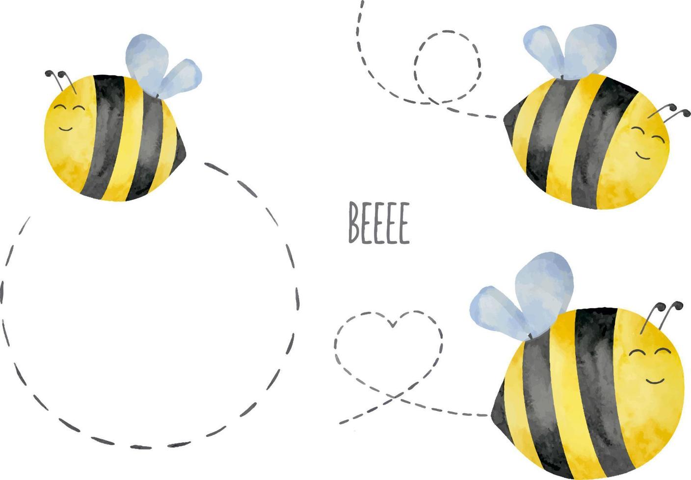 Set of watercolor cute bees with flight path, honey, summer theme. Honey design for baby. vector