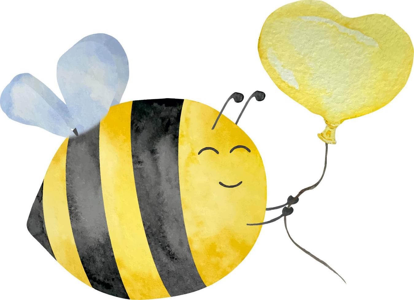 Watercolor cute bee with yellow balloon in heart shape, honey, summer theme. Honey design for baby. vector
