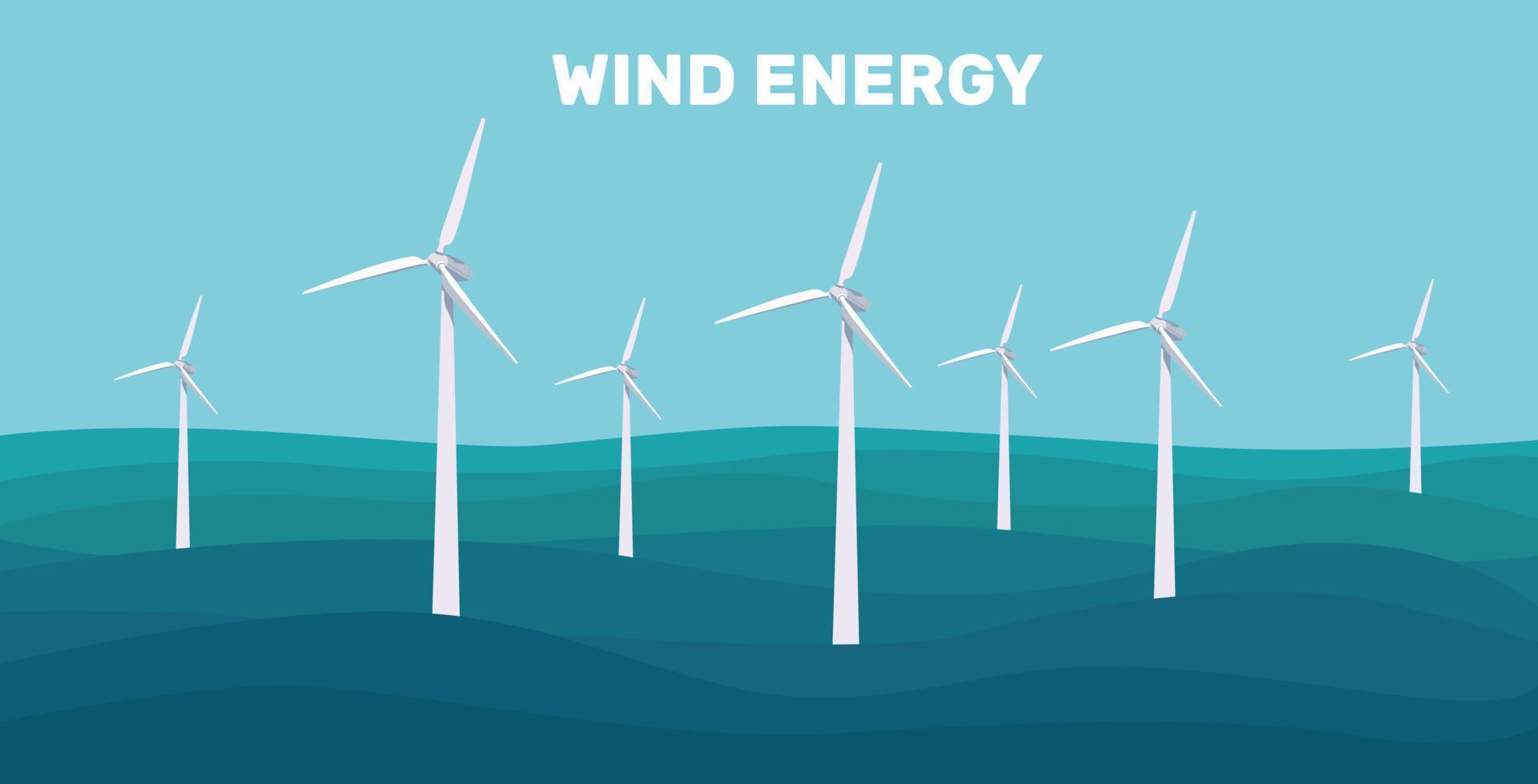 Onshore wind farms. Green energy wind turbines on the sea, in the ocean. Wind turbines. Vector illustration. Clean energy. Save planet