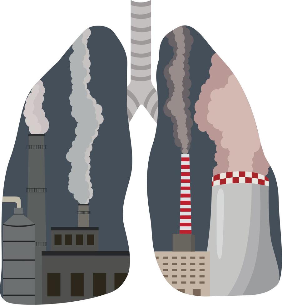 la contaminación del aire. planta industrial. Los gases de escape contaminan la atmósfera de la ciudad y entran en los pulmones. enfermedades respiratorias. niebla tóxica. polvo fino, contaminación del aire, smog industrial vector