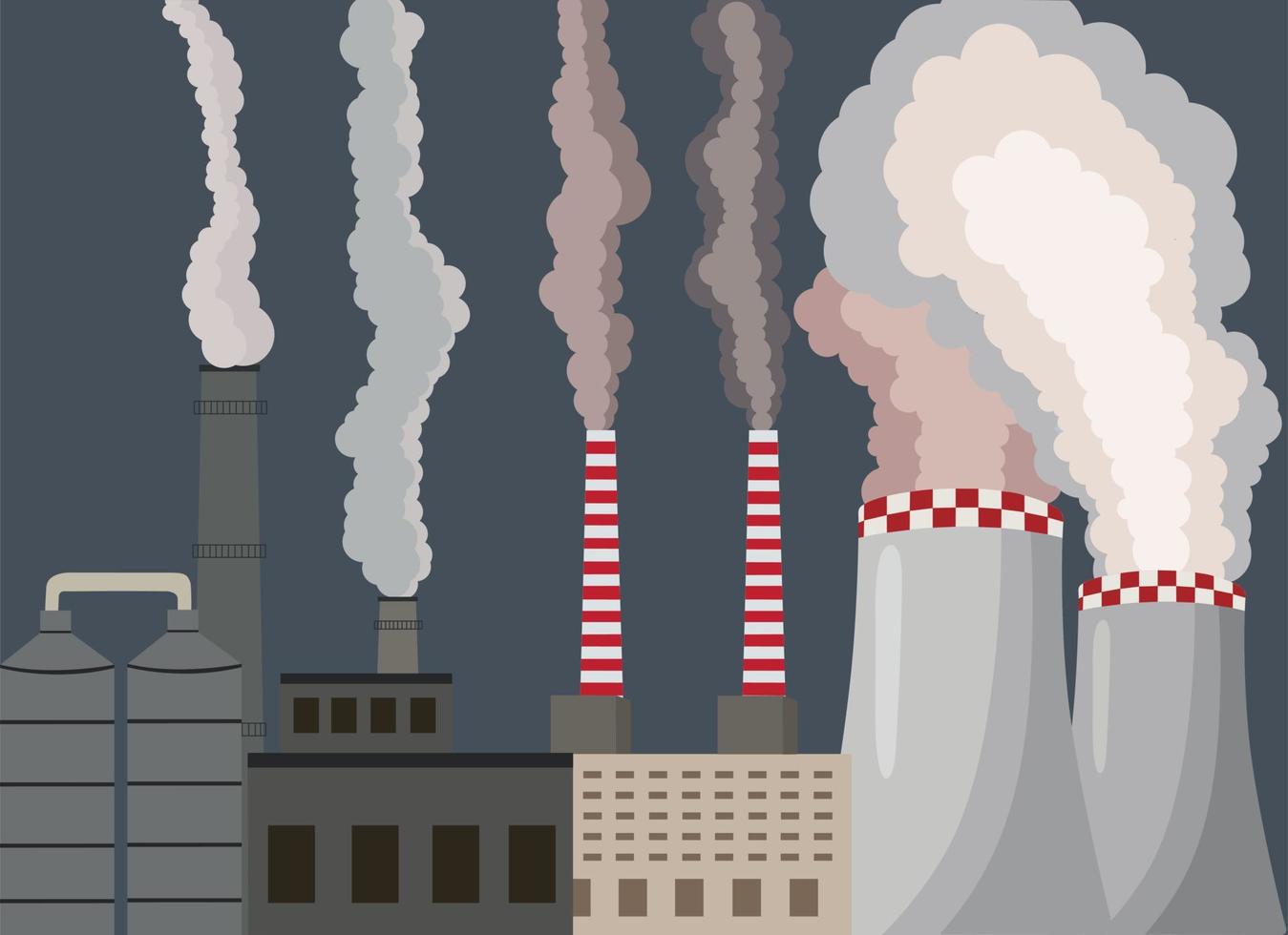 Air pollution. Industrial factory. exhaust gas contaminate urban atmosphere. Toxic smog.Fine dust, air pollution, industrial smog, pollutant gas emission. Vector illustration.