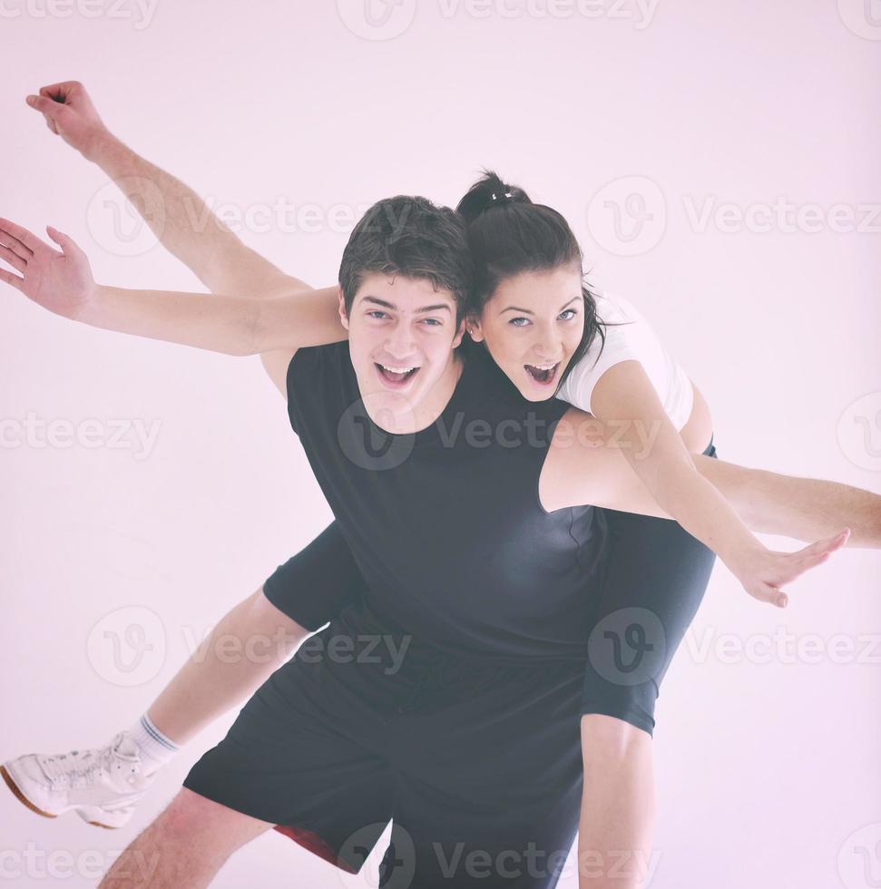 happy young couple fitness workout and fun photo