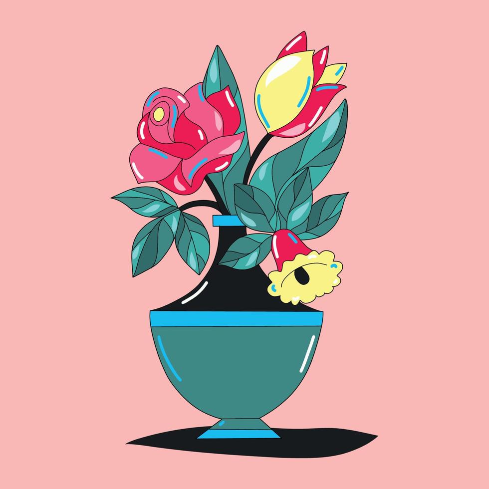 ilustración vectorial de un ramo de flores en un jarrón. tendencia del color. ramo creativo de capullos de tulipán, una rosa en un jarrón en una jarra de plantas de flores de agua para decorar hierbas florecientes vector