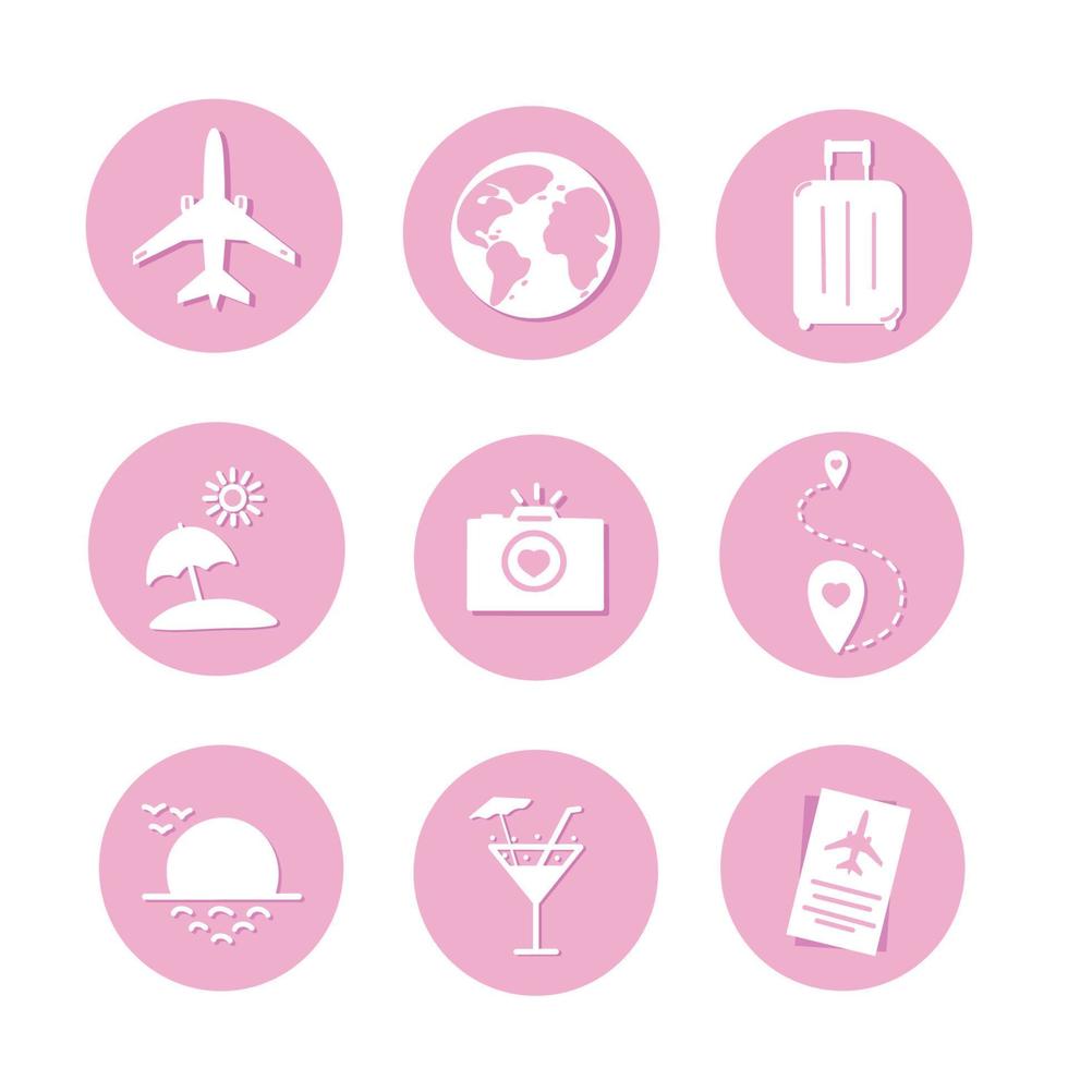 Set white icons stickers on pink circles background airplane passport globe map beach vector
