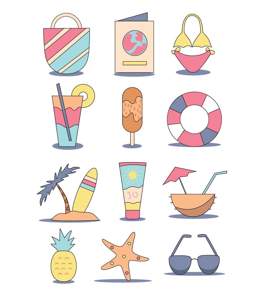 establecer iconos pegatinas viajes turismo playa cócteles vasos vector
