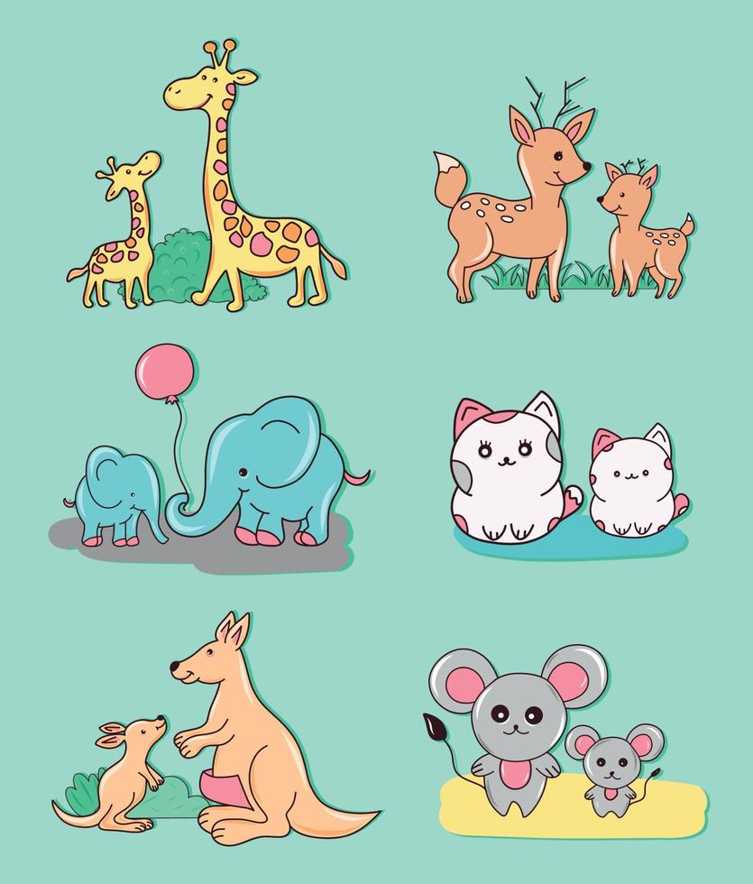 Vector bright icons stickers cute animals baby boy animals of Africa pets mom and baby giraffe kangaroo elephant deer cat mouse