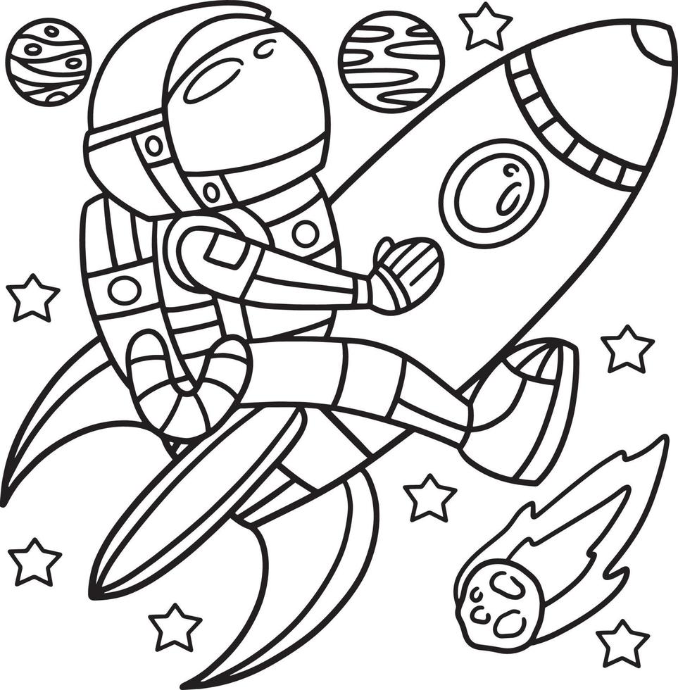 Astronaut Riding On A Rocket Ship Coloring Page vector