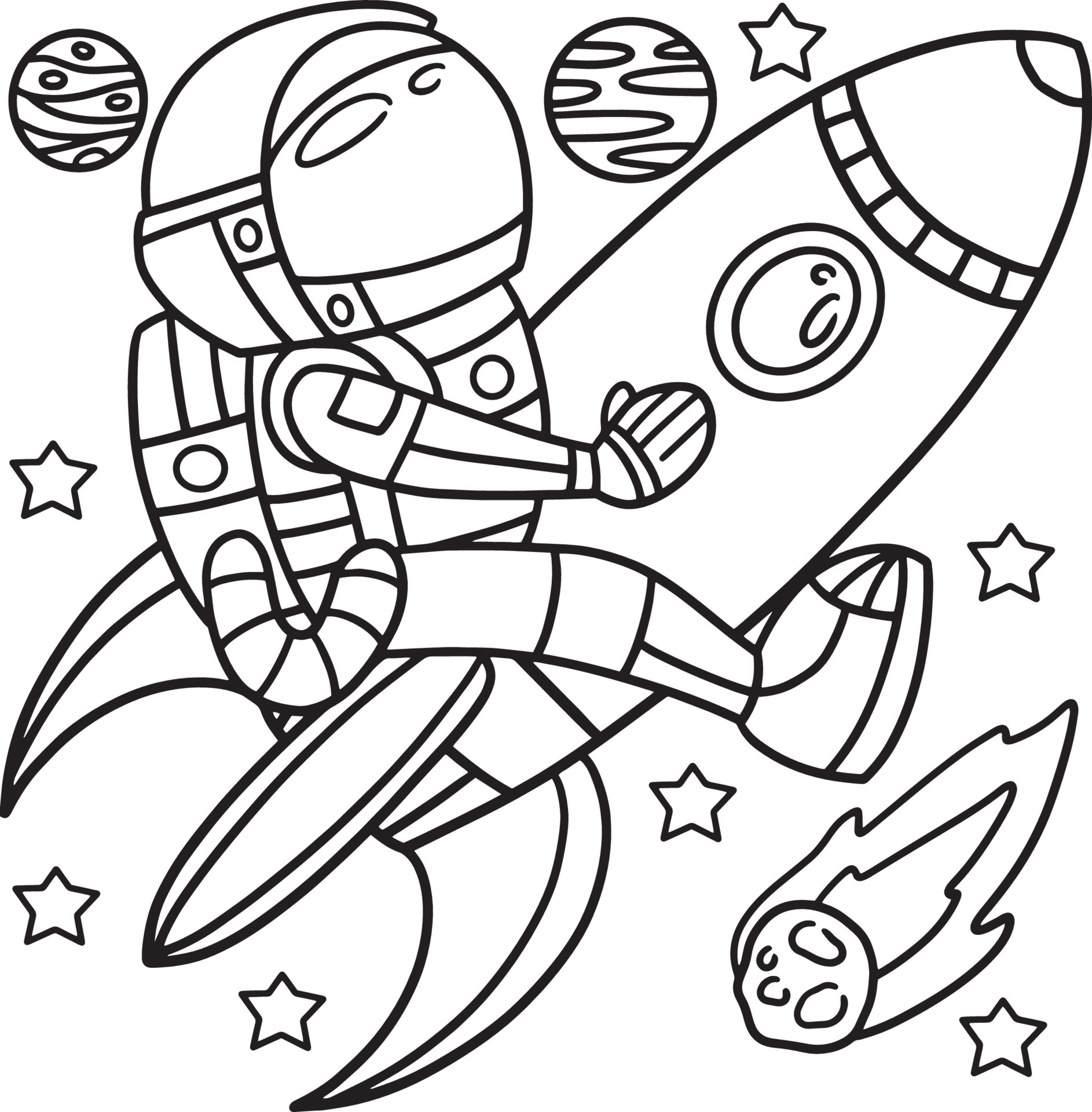 Astronaut Riding On A Rocket Ship Coloring Page 10993590 Vector Art at