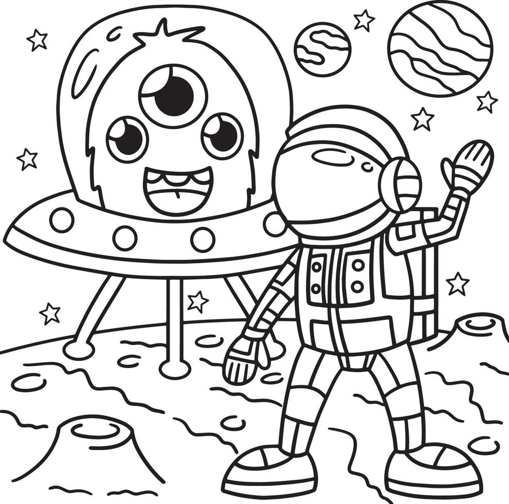 Astronaut and UFO Coloring Page for Kids vector