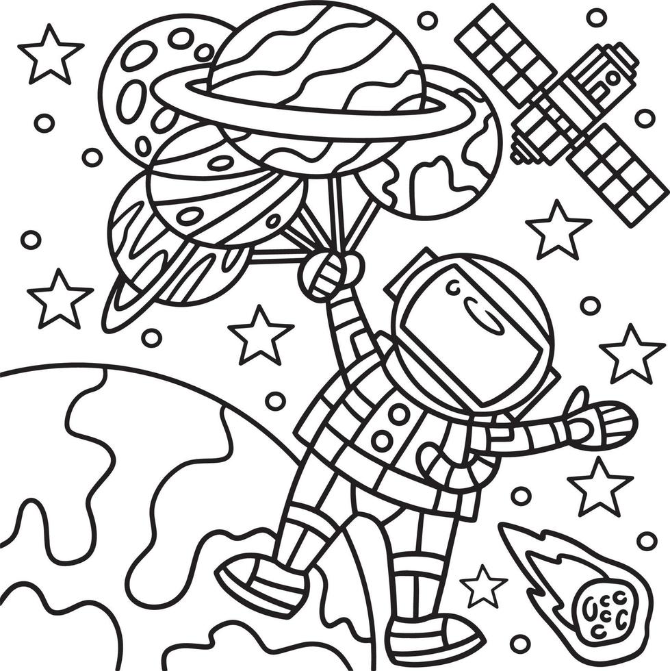 Astronaut Holding Balloon Planet Coloring Page vector