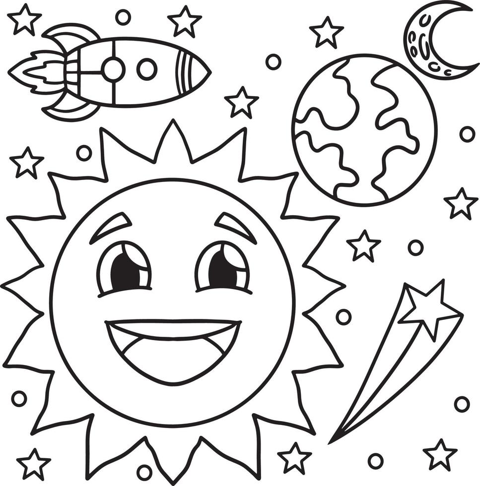 Happy Sun In Space Coloring Page for Kids vector