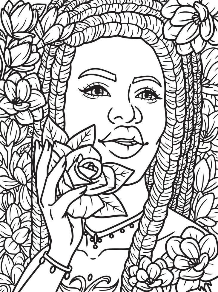 Afro American Girl Holding Flower Coloring Page vector