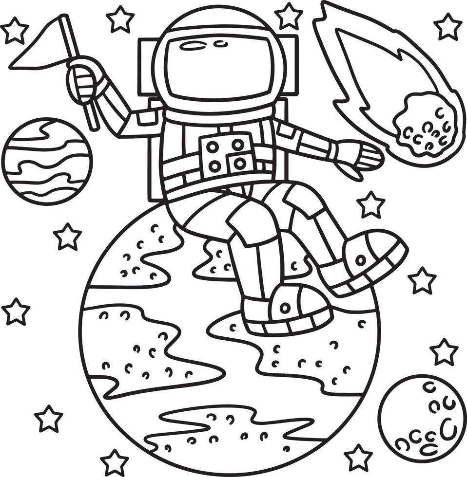 astronauta sentado en la tierra página para colorear para niños vector