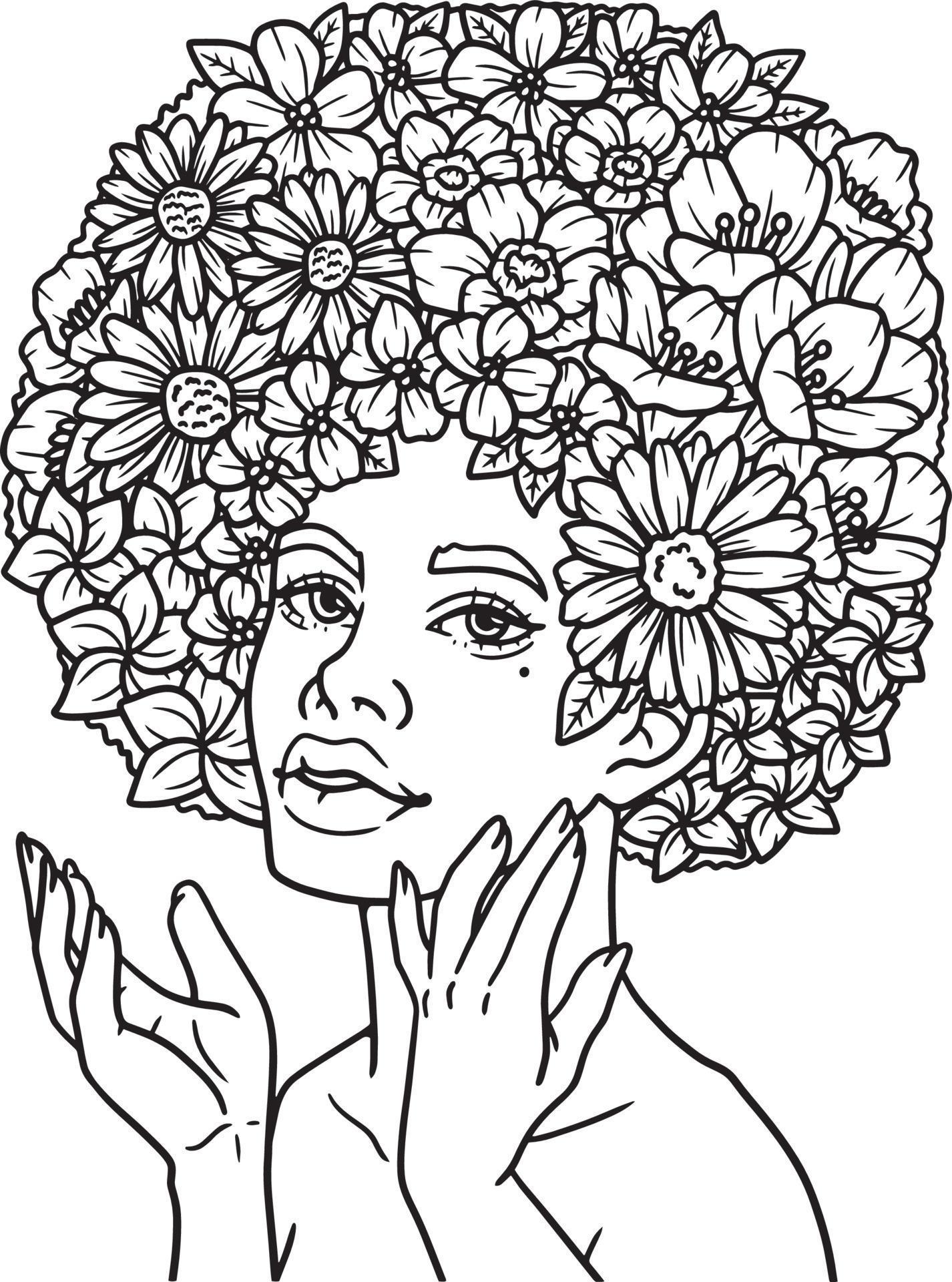 Beautiful Afro American Flower - Beautiful Afro American Flower Girl Coloring Page Free Vector 