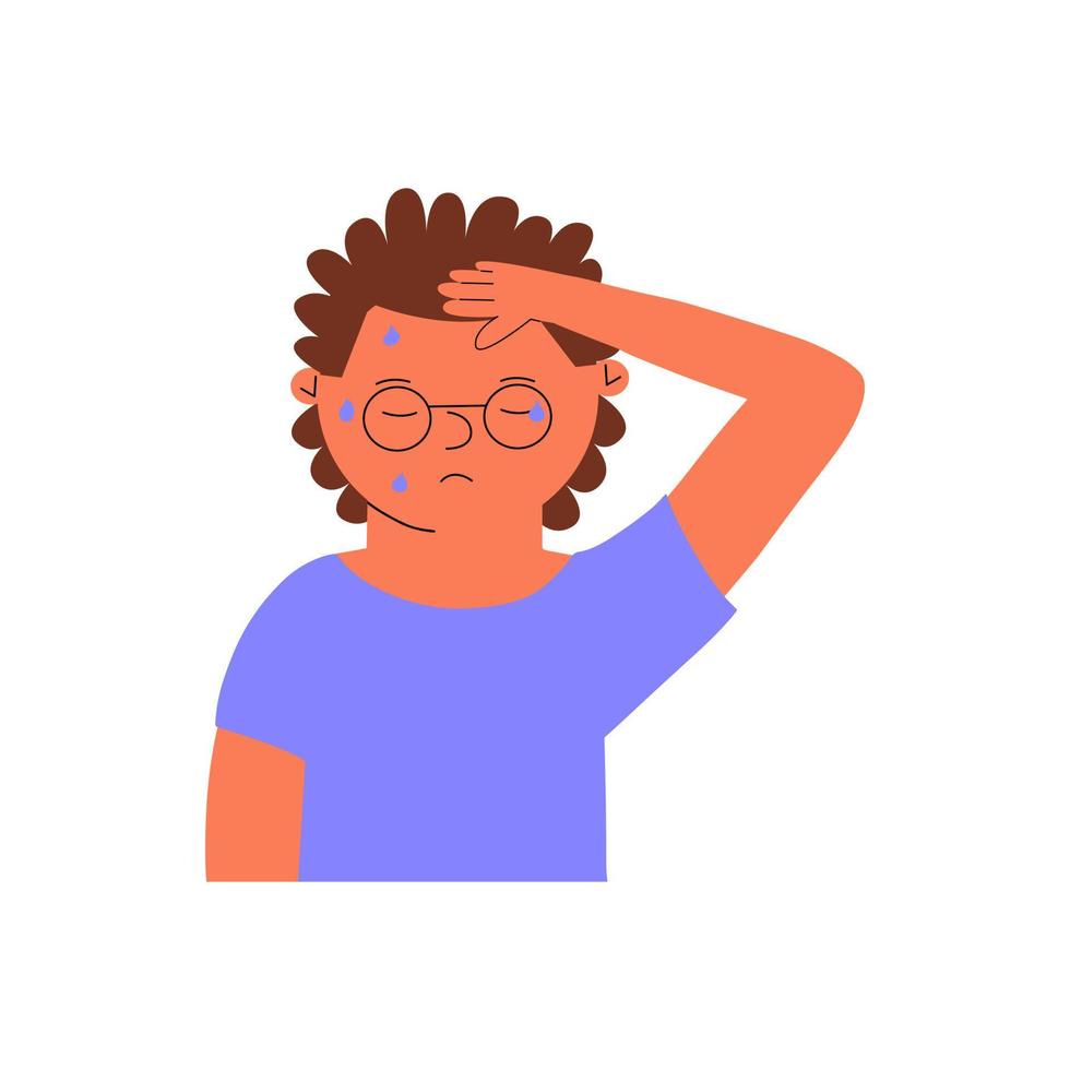 Little boy with high fever. The child sweats a lot. Vector illustration