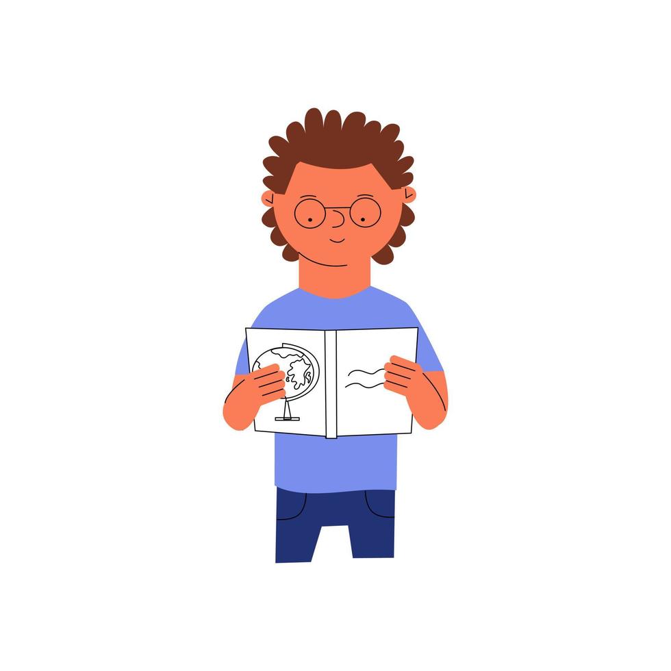 A little boy with glasses reads a book. Character schoolboy is studying. Vector illustration in a flat style.