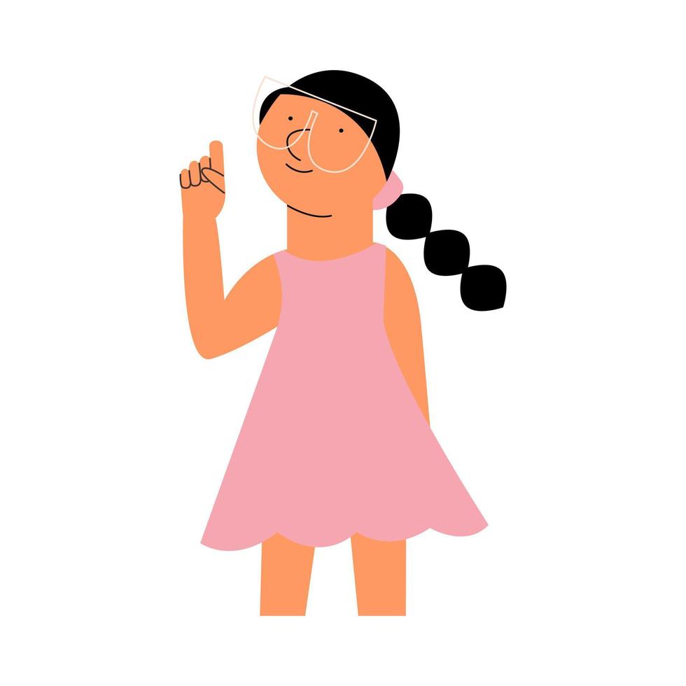 Little girl points her finger up. Vector illustration in flat style