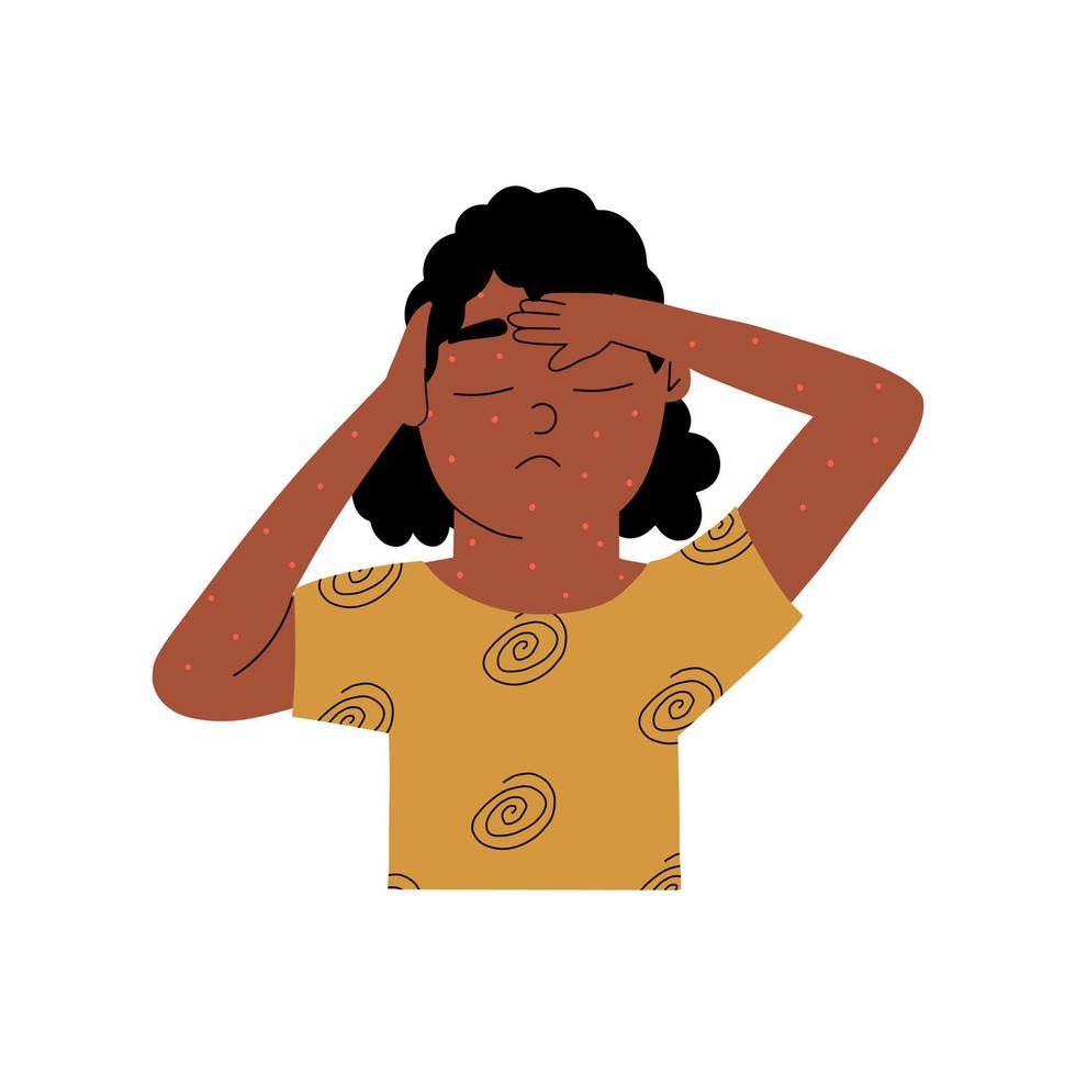 The girl is sick with chickenpox. A symptom of skin inflammation. Vector illustration in flat style