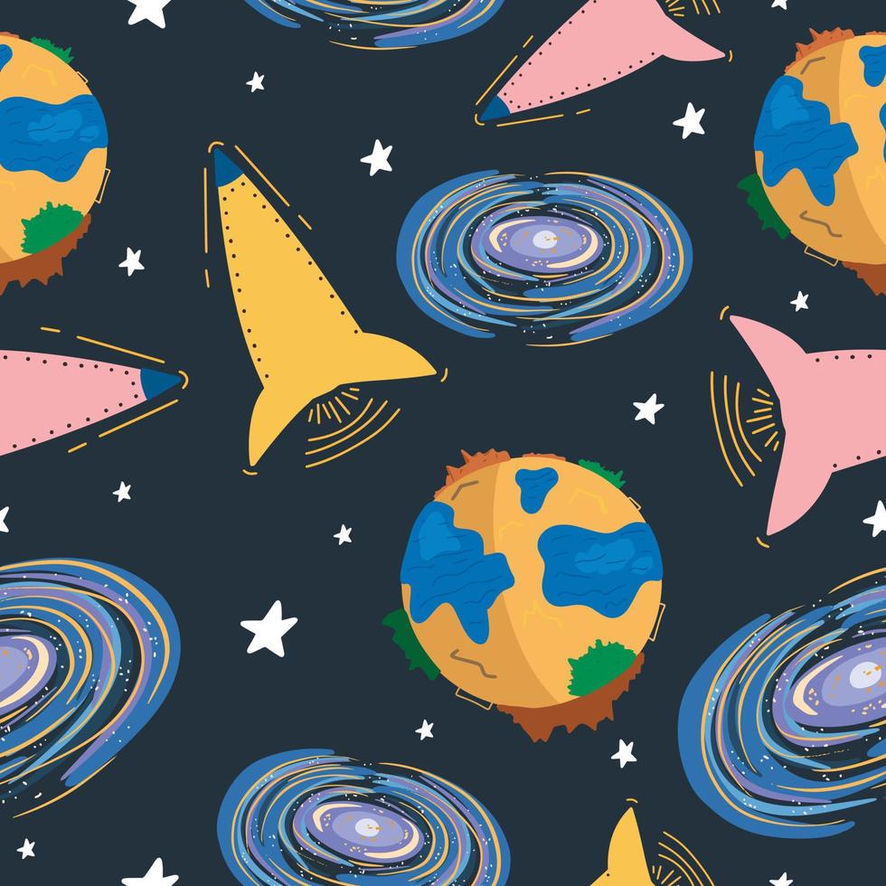 Seamless pattern with planet, spaceship and galaxy. Vector illustration