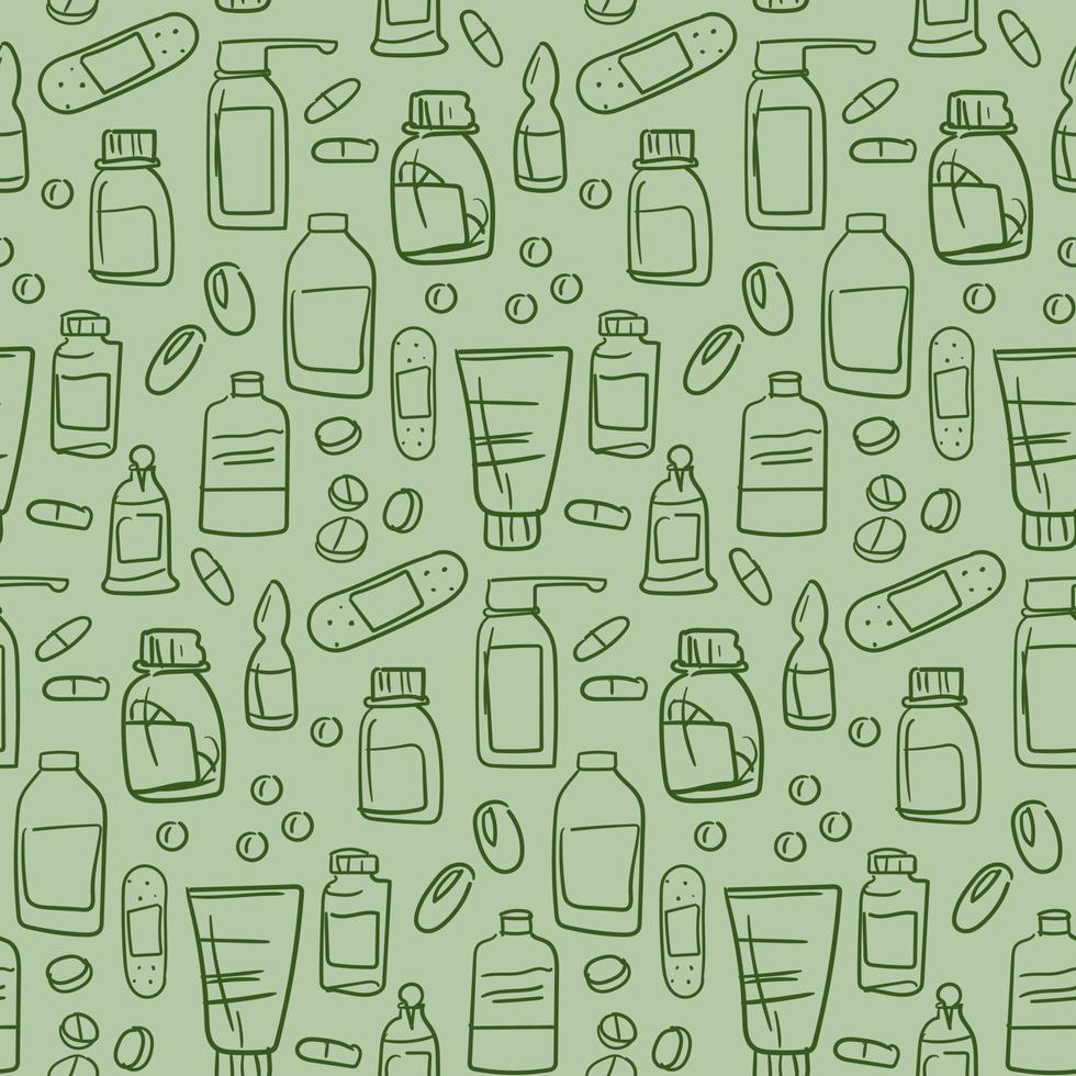 A pattern with pills and medicinal preparations in the style of hand-sketching. Contour drawing of medical instruments. Background for printing on paper packaging, textiles. vector