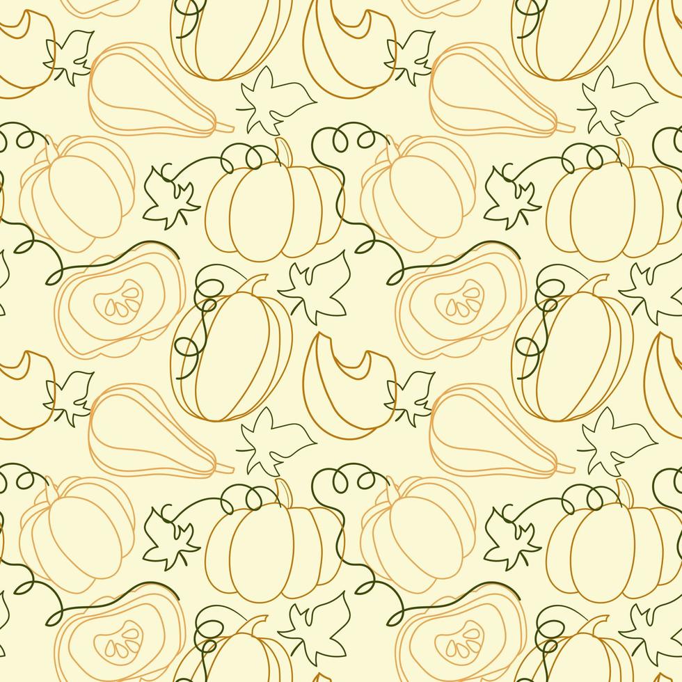 Pattern autumn pumpkins with leaves in a linear style. Orange and green lines in the texture. For kitchen illustration, packaging, textiles. Contour illustration. vector