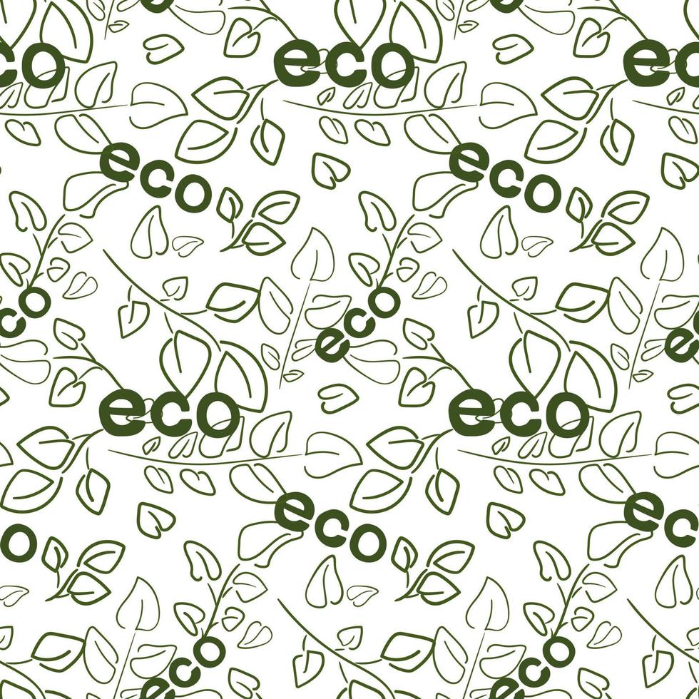 Background of leaves and branches on a light background with the inscription ECO. Light outline of foliage with text. Motifs of leaves and branches on an eco theme. For printing packaging, textiles. vector