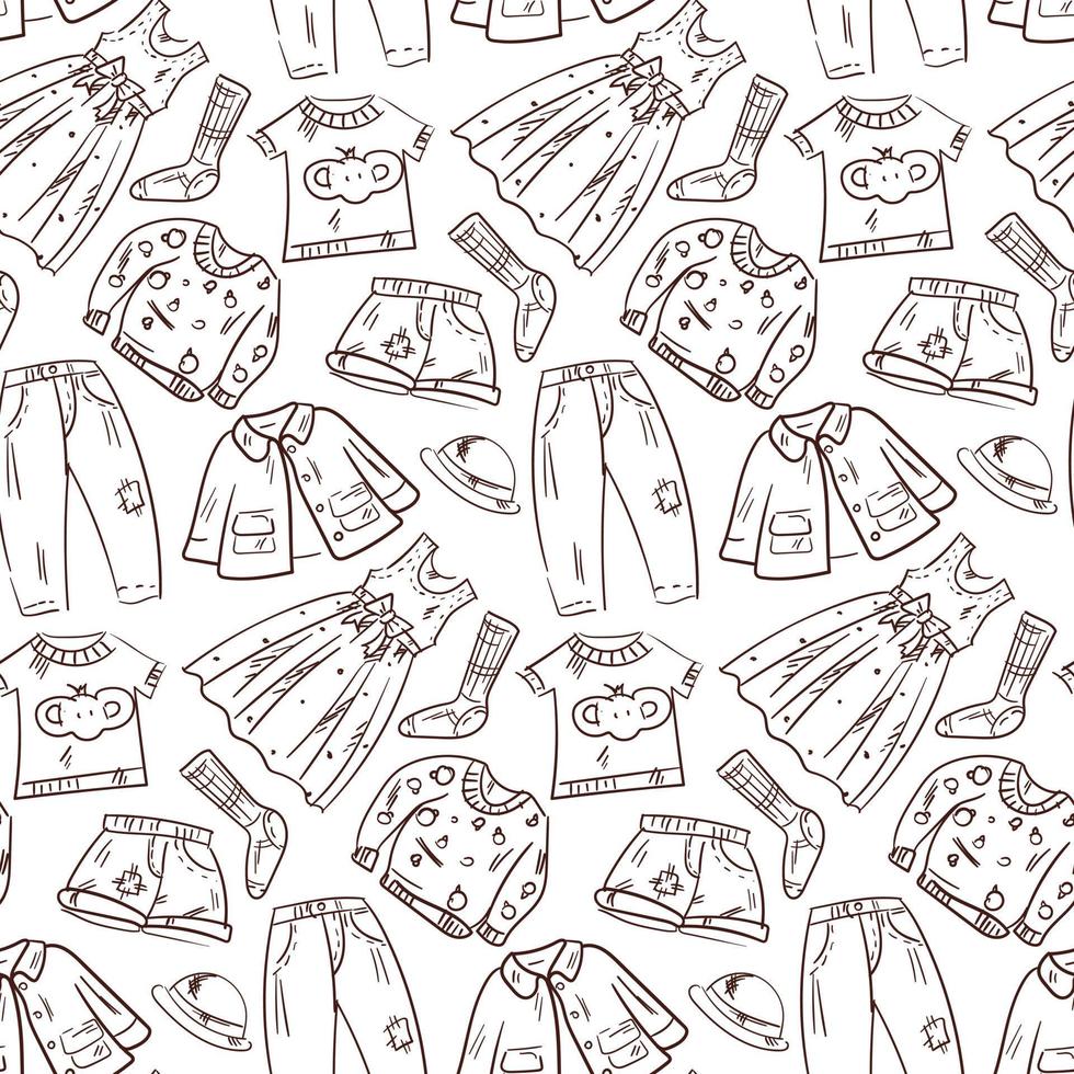Seamless pattern with rendered clothes. The contour is drawn manually, sketching, lines. Suitable for printed products and textiles. Packaging, banner, flyer, background, print. vector