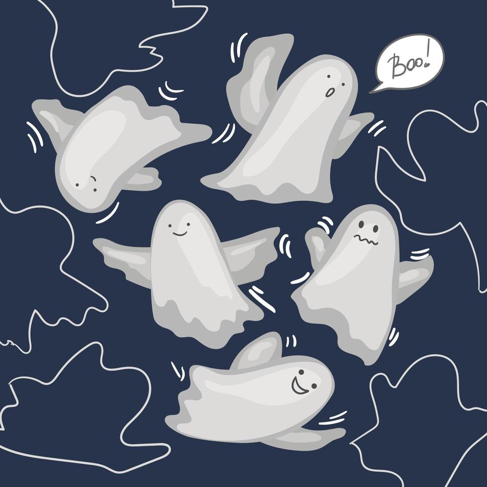 A set of cute funny happy ghosts. Children's creepy boo characters for kids. Magical scary spirits with different emotions and facial expressions. Children's vector illustration for books.